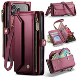 CASEME For iPhone 18 Pro / 17 Pro Leather Case C36 Zipper 10 Card Slots Phone Cover with Straps