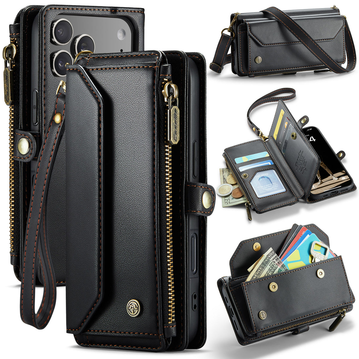 CASEME For iPhone 18 Pro / 17 Pro Leather Case C36 Zipper 10 Card Slots Phone Cover with Straps