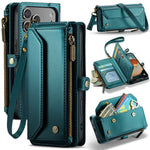 CASEME For iPhone 18 Pro / 17 Pro Leather Case C36 Zipper 10 Card Slots Phone Cover with Straps
