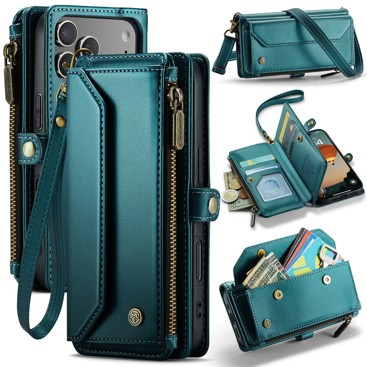 CASEME For iPhone 18 Pro / 17 Pro Leather Case C36 Zipper 10 Card Slots Phone Cover with Straps