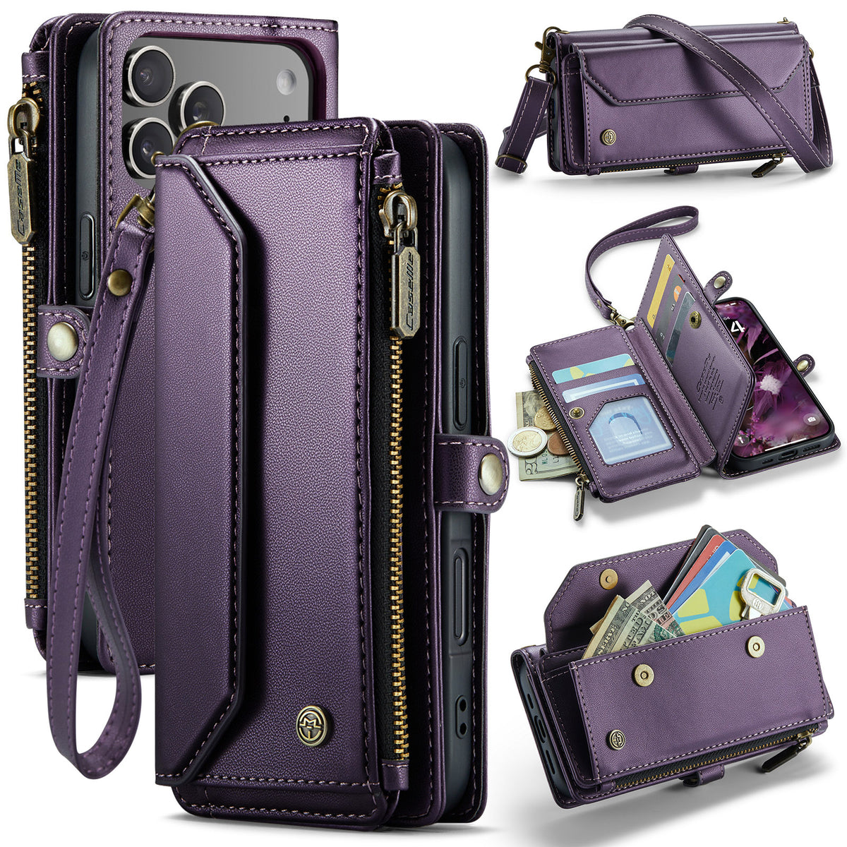 CASEME For iPhone 18 Pro / 17 Pro Leather Case C36 Zipper 10 Card Slots Phone Cover with Straps