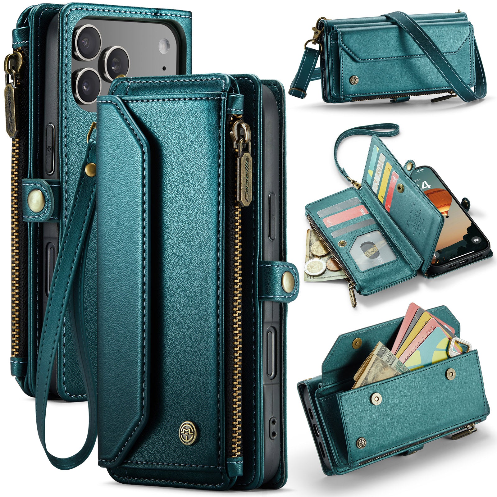 CASEME For iPhone 18 Pro Max / 17 Pro Max Leather Case C36 Zipper 10 Card Slots Phone Cover with Straps