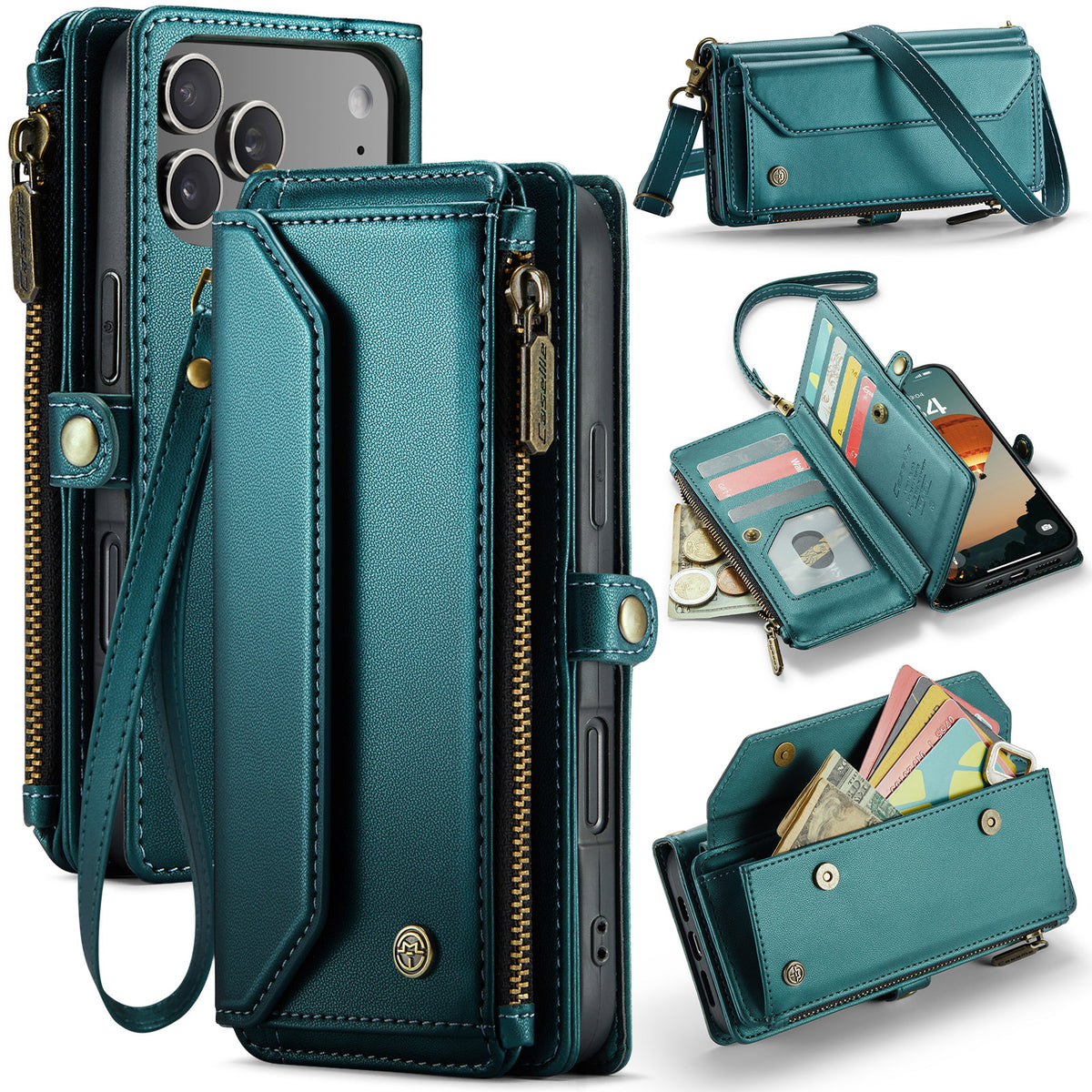 CASEME For iPhone 18 Pro Max / 17 Pro Max Leather Case C36 Zipper 10 Card Slots Phone Cover with Straps
