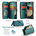 CASEME For iPhone 18 Pro Max / 17 Pro Max Leather Case C36 Zipper 10 Card Slots Phone Cover with Straps