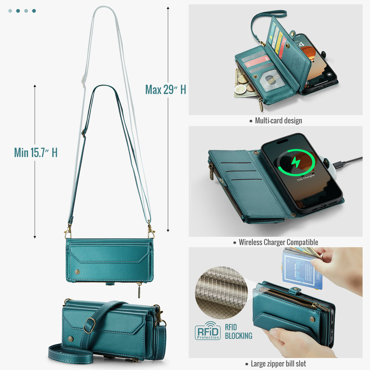 CASEME For iPhone 18 Pro Max / 17 Pro Max Leather Case C36 Zipper 10 Card Slots Phone Cover with Straps