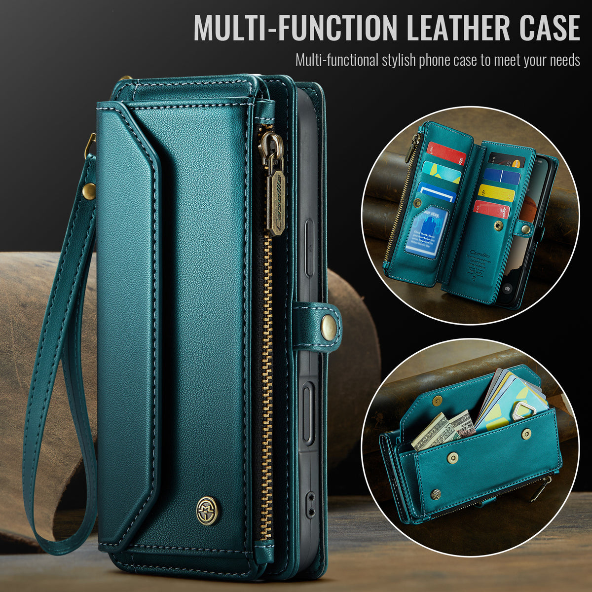 CASEME For iPhone 18 Pro Max / 17 Pro Max Leather Case C36 Zipper 10 Card Slots Phone Cover with Straps
