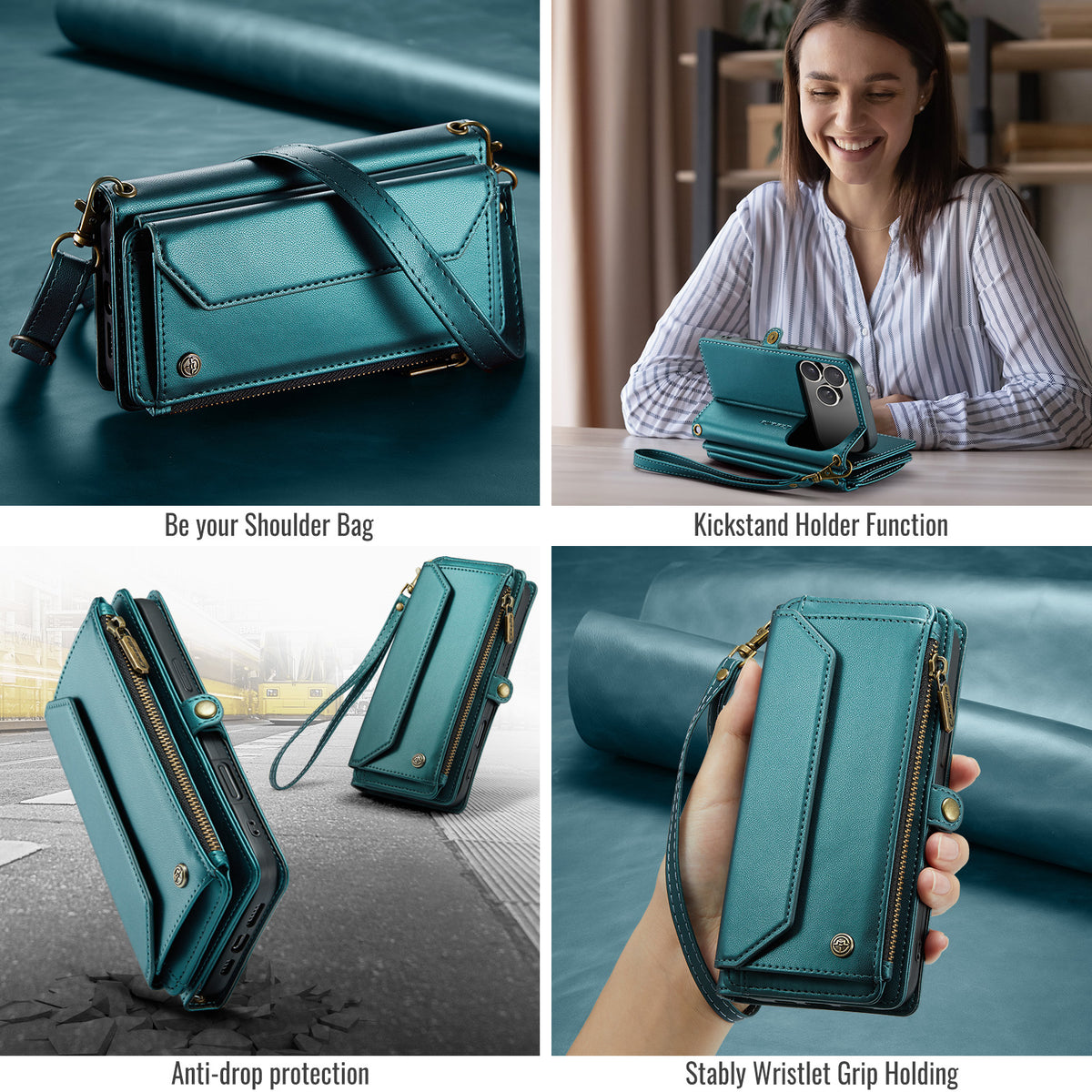 CASEME For iPhone 18 Pro Max / 17 Pro Max Leather Case C36 Zipper 10 Card Slots Phone Cover with Straps