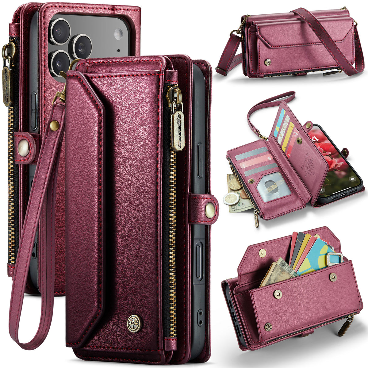 CASEME For iPhone 18 Pro Max / 17 Pro Max Leather Case C36 Zipper 10 Card Slots Phone Cover with Straps
