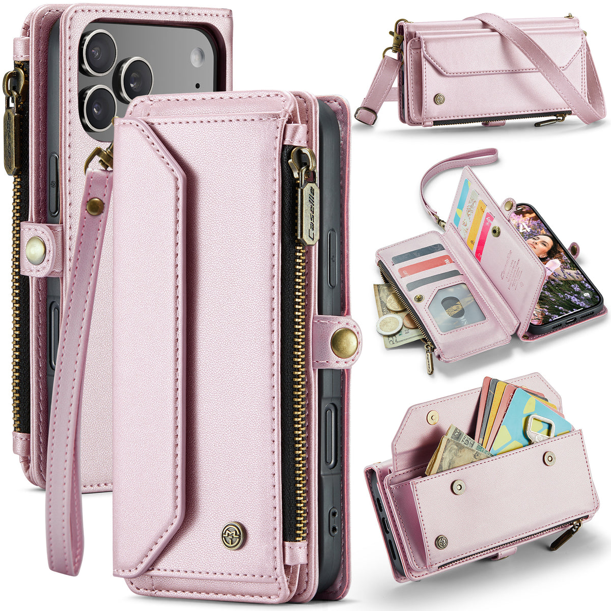 CASEME For iPhone 18 Pro Max / 17 Pro Max Leather Case C36 Zipper 10 Card Slots Phone Cover with Straps