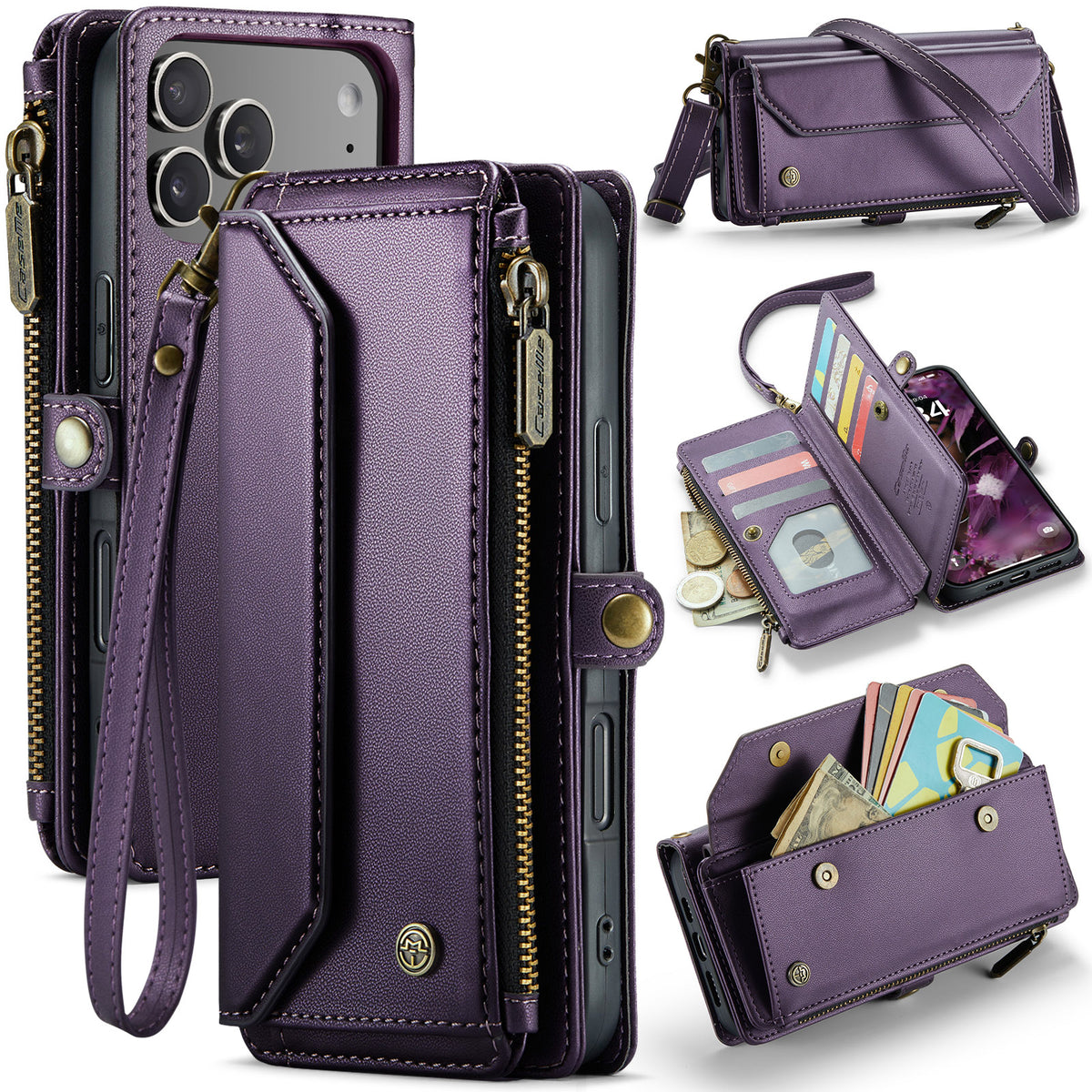 CASEME For iPhone 18 Pro Max / 17 Pro Max Leather Case C36 Zipper 10 Card Slots Phone Cover with Straps