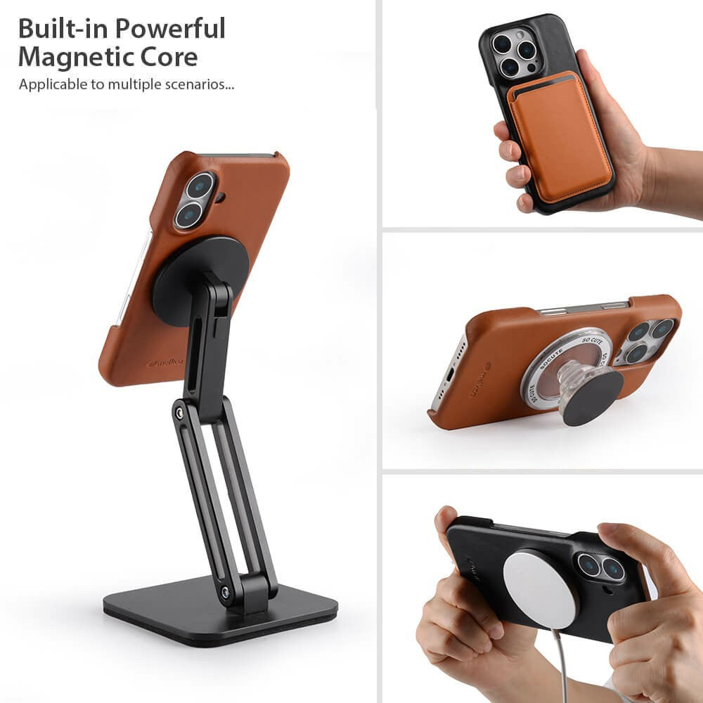 MELKCO For iPhone 17 Case Compatible with MagSafe Waxy Genuine Cow Leather PC Phone Back Cover