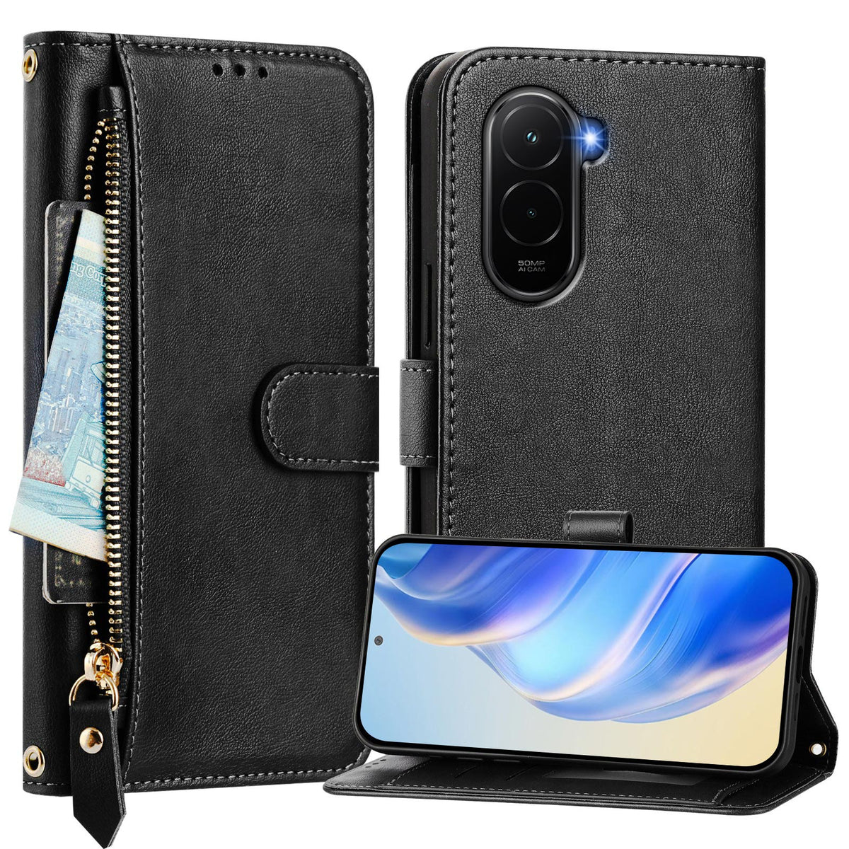 For Xiaomi Poco M7 Plus 5G / M7 4G (169mm) Case Zipper Pocket Multiple Card Slots Leather Phone Cover