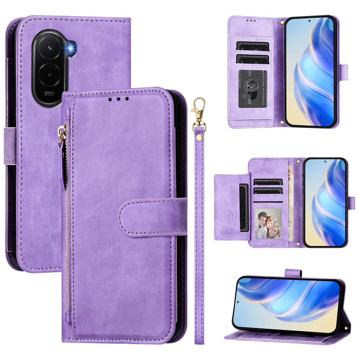 For Xiaomi Poco M7 Plus 5G / M7 4G (169mm) Case Zipper Pocket Multiple Card Slots Leather Phone Cover