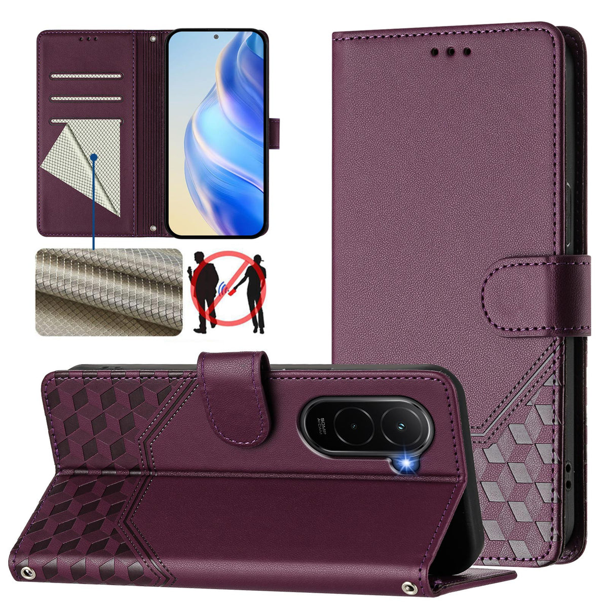 For Xiaomi Poco M7 Plus 5G / M7 4G (169mm) Case Imprinted Honeycomb RFID Blocking Leather Phone Cover with Strap