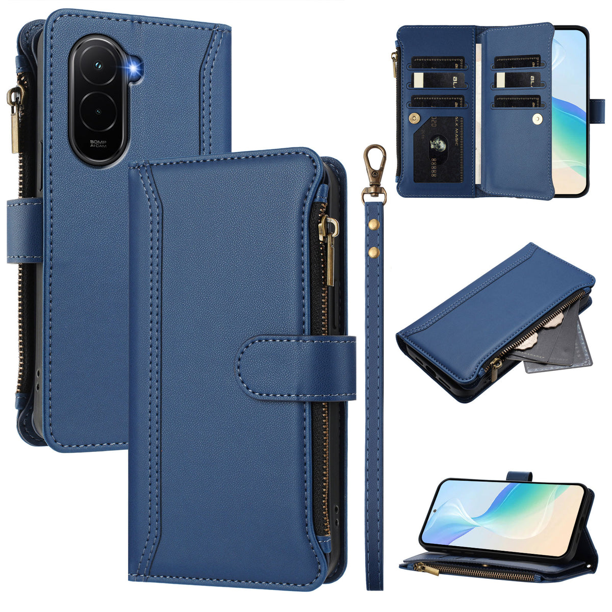 For Xiaomi Poco M7 Plus 5G / M7 4G (169mm) Leather Case 9 Card Slots Zipper Wallet Stand Phone Cover with Wrist Strap