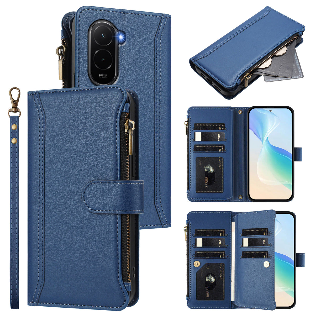 For Xiaomi Poco M7 Plus 5G / M7 4G (169mm) Leather Case 9 Card Slots Zipper Wallet Stand Phone Cover with Wrist Strap