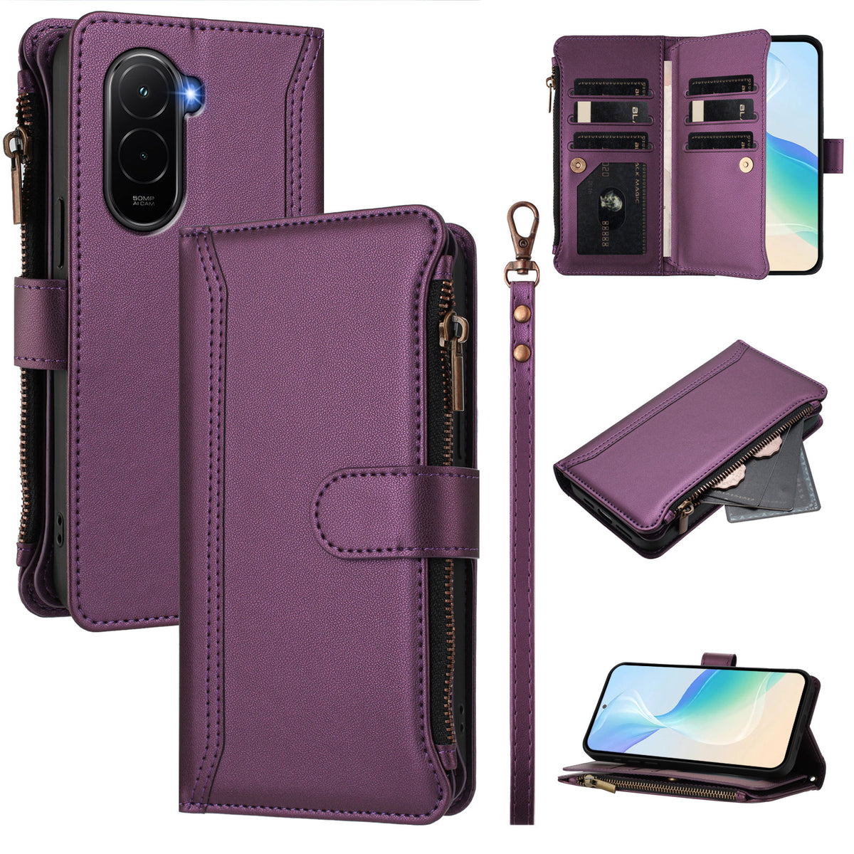 For Xiaomi Poco M7 Plus 5G / M7 4G (169mm) Leather Case 9 Card Slots Zipper Wallet Stand Phone Cover with Wrist Strap