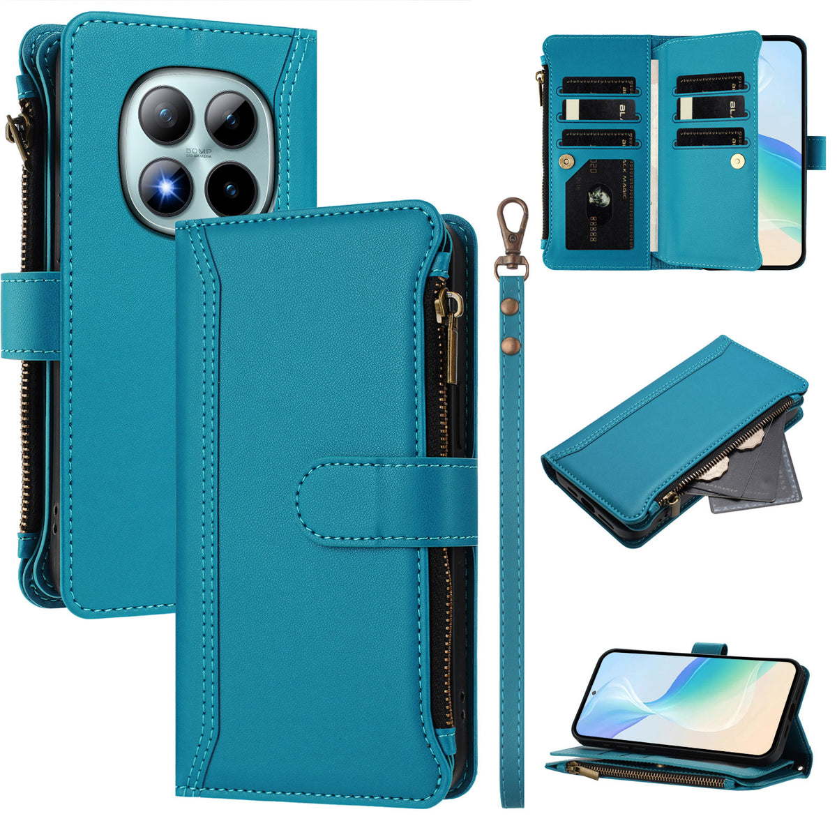 For Xiaomi Poco M8 Pro 5G / Redmi Note 15 Pro+ 5G (Global) Leather Case 9 Card Slots Zipper Wallet Stand Phone Cover with Wrist Strap