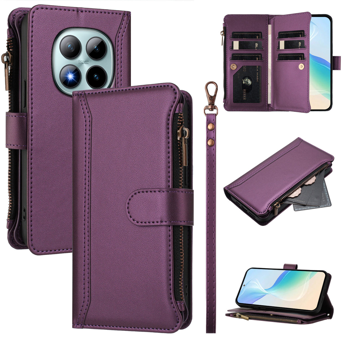 For Xiaomi Poco M8 Pro 5G / Redmi Note 15 Pro+ 5G (Global) Leather Case 9 Card Slots Zipper Wallet Stand Phone Cover with Wrist Strap