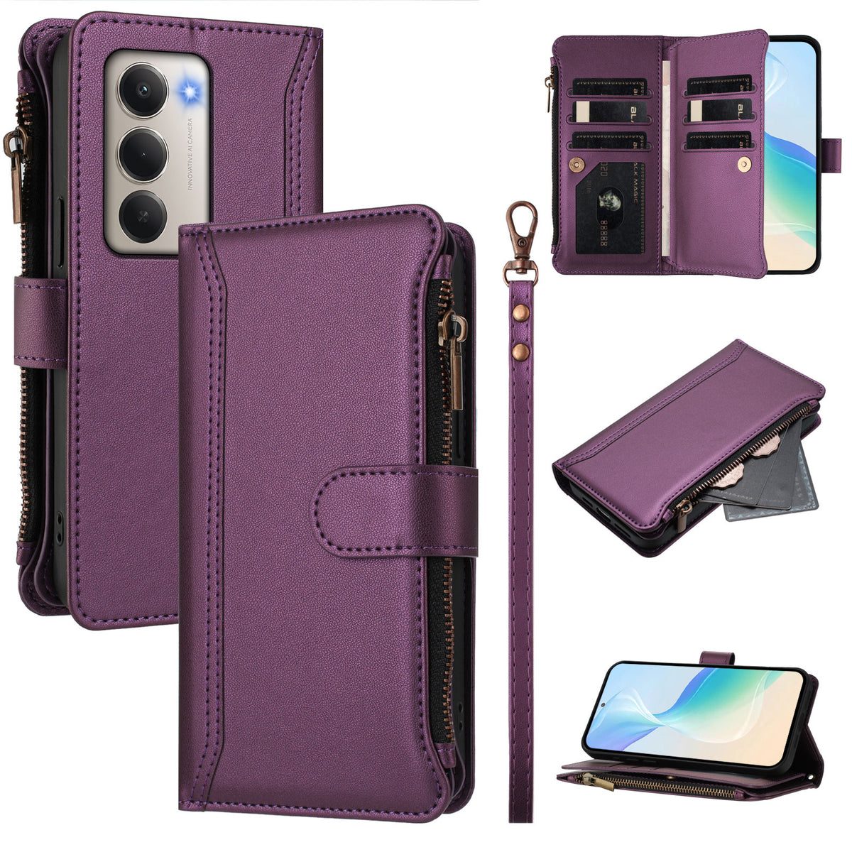 For Xiaomi Redmi 15 4G (EU) (171mm) Leather Case 9 Card Slots Zipper Wallet Stand Phone Cover with Wrist Strap