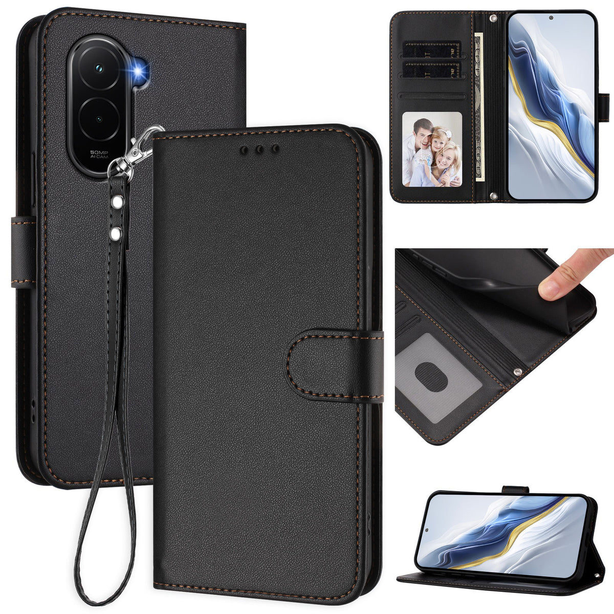 For Xiaomi Poco M7 Plus 5G / M7 4G (169mm) Leather Case Wallet Stand Phone Cover with Wrist Strap