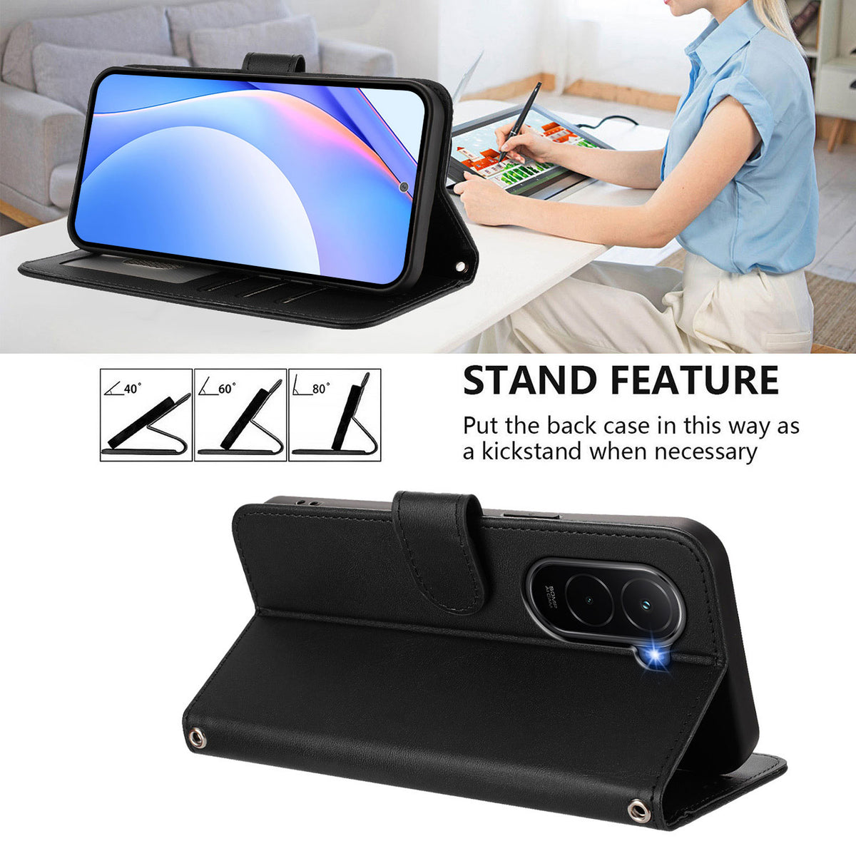 For Xiaomi Poco M7 Plus 5G / M7 4G (169mm) Wallet Case RFID Blocking Calf Texture Leather Stand Phone Cover with Strap
