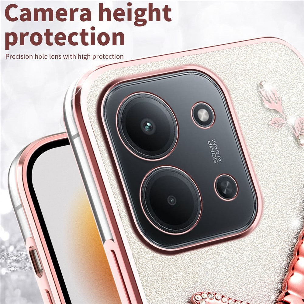 KADEM til Xiaomi Redmi 15C 4G (Global) (171mm) / Poco C85 4G (171mm) etui med guldsmedestøttefod, blomster, glitter og TPU-telefoncover