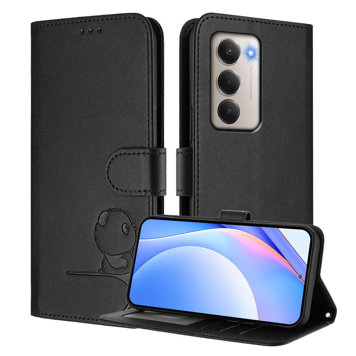 For Xiaomi Redmi 15 4G (EU) (171mm) Case Panda Imprint RFID Blocking Wallet Leather Phone Cover with Wrist Strap
