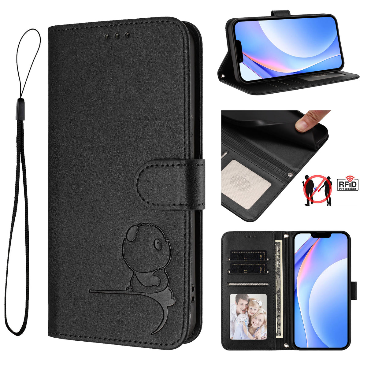 For Xiaomi Redmi 15 4G (EU) (171mm) Case Panda Imprint RFID Blocking Wallet Leather Phone Cover with Wrist Strap