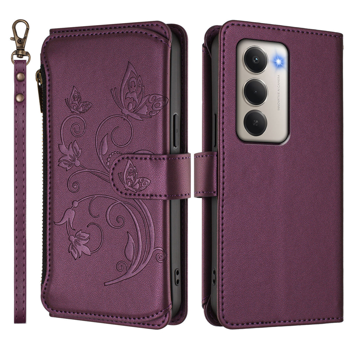 Xiaomi Redmi 15 4G (EU) (171mm) Läderfodral Fjärilsblommigt Tryck Dragkedja Plånboksfodral med Handledsrem