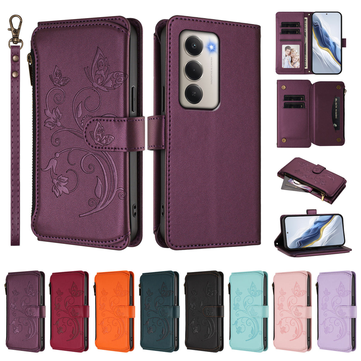 Xiaomi Redmi 15 4G (EU) (171mm) Läderfodral Fjärilsblommigt Tryck Dragkedja Plånboksfodral med Handledsrem