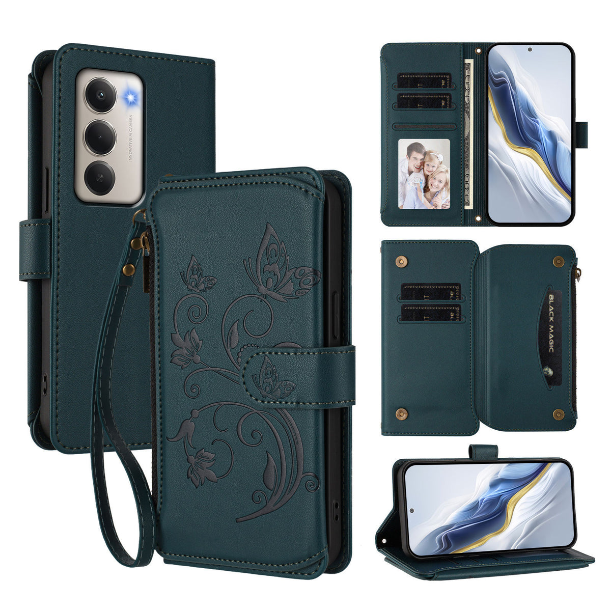 Xiaomi Redmi 15 4G (EU) (171mm) Läderfodral Fjärilsblommigt Tryck Dragkedja Plånboksfodral med Handledsrem