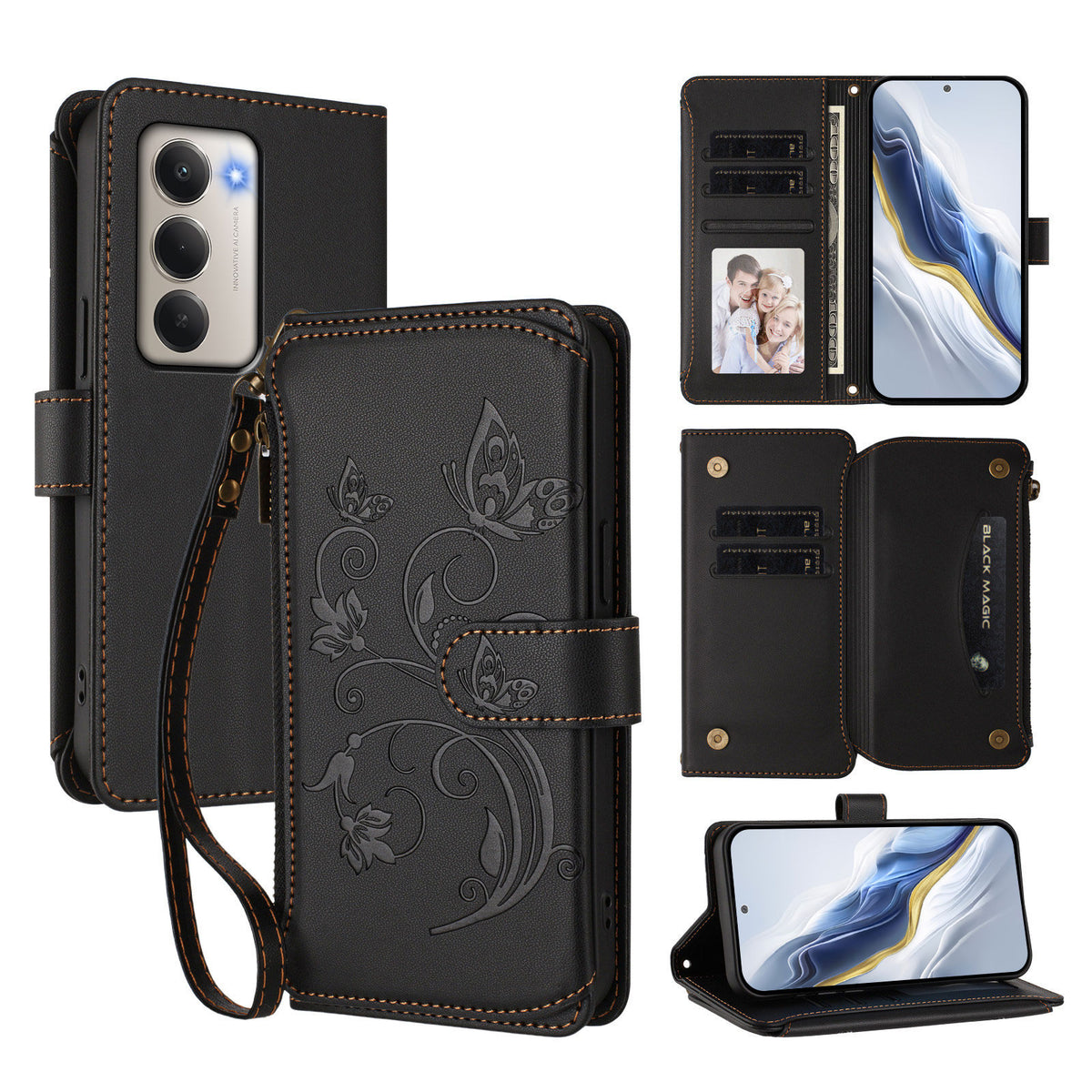 Xiaomi Redmi 15 4G (EU) (171mm) Läderfodral Fjärilsblommigt Tryck Dragkedja Plånboksfodral med Handledsrem
