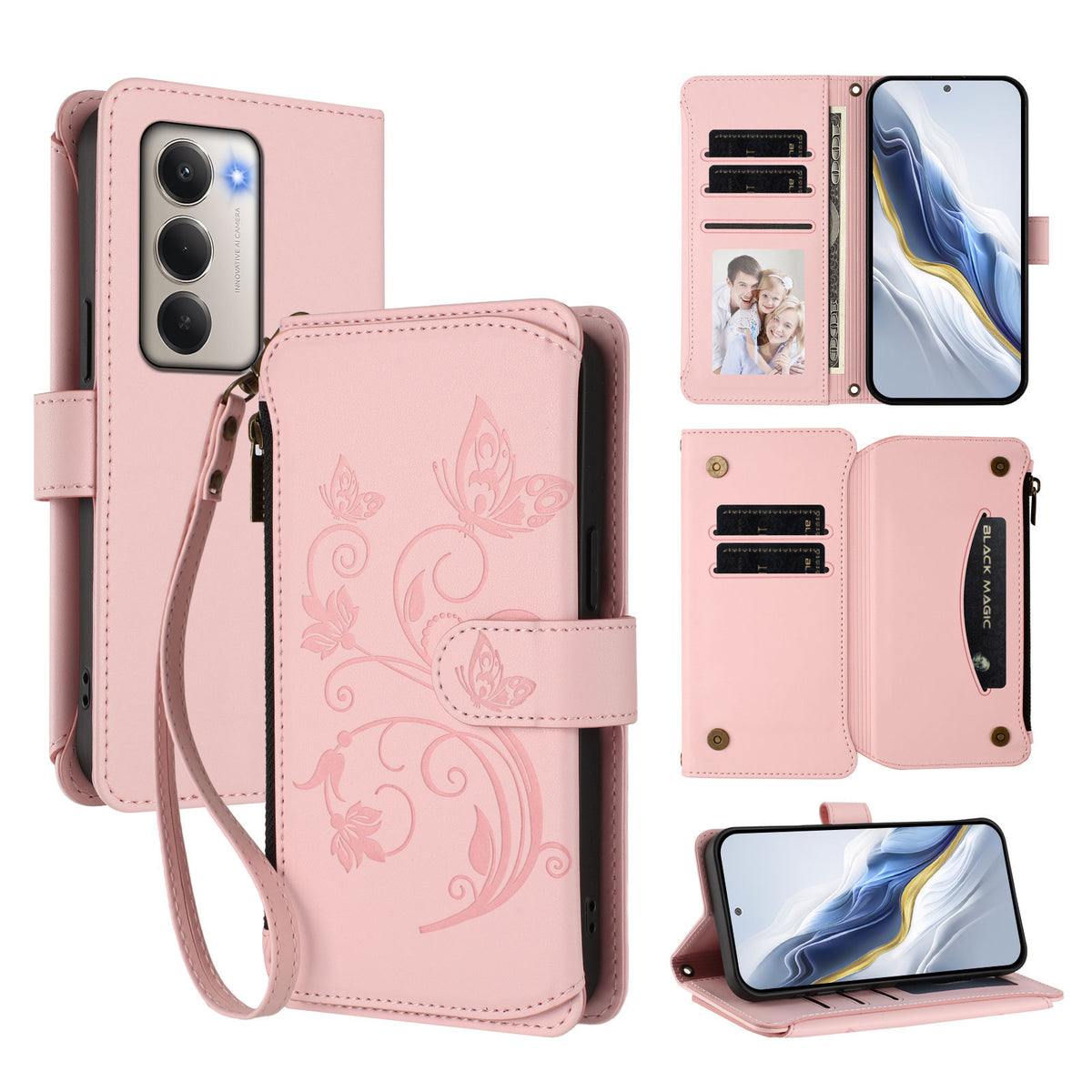 Xiaomi Redmi 15 4G (EU) (171mm) Läderfodral Fjärilsblommigt Tryck Dragkedja Plånboksfodral med Handledsrem