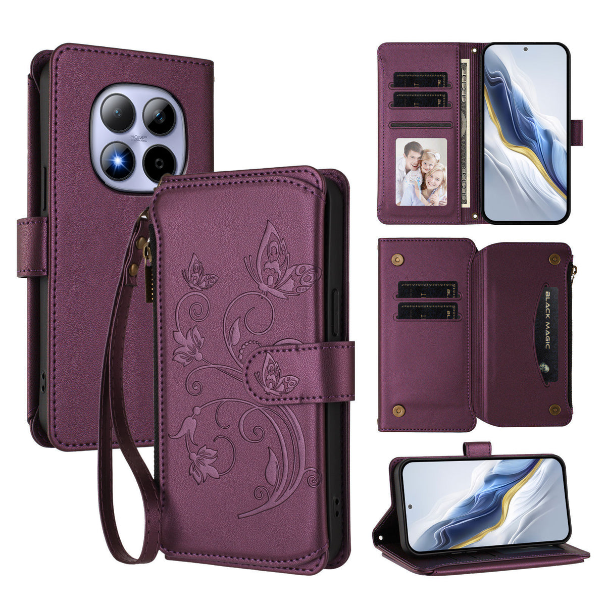 For Xiaomi Redmi Note 15 Pro 5G (Global) Leather Case Butterfly Floral Imprint Zipper Wallet Stand Cover with Wrist Strap