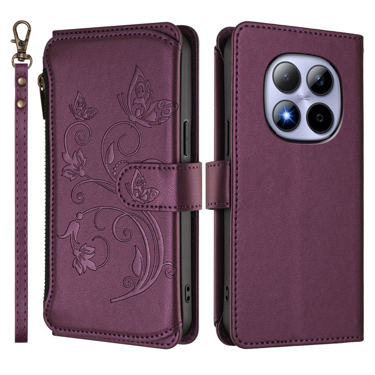 For Xiaomi Redmi Note 15 Pro 5G (Global) Leather Case Butterfly Floral Imprint Zipper Wallet Stand Cover with Wrist Strap