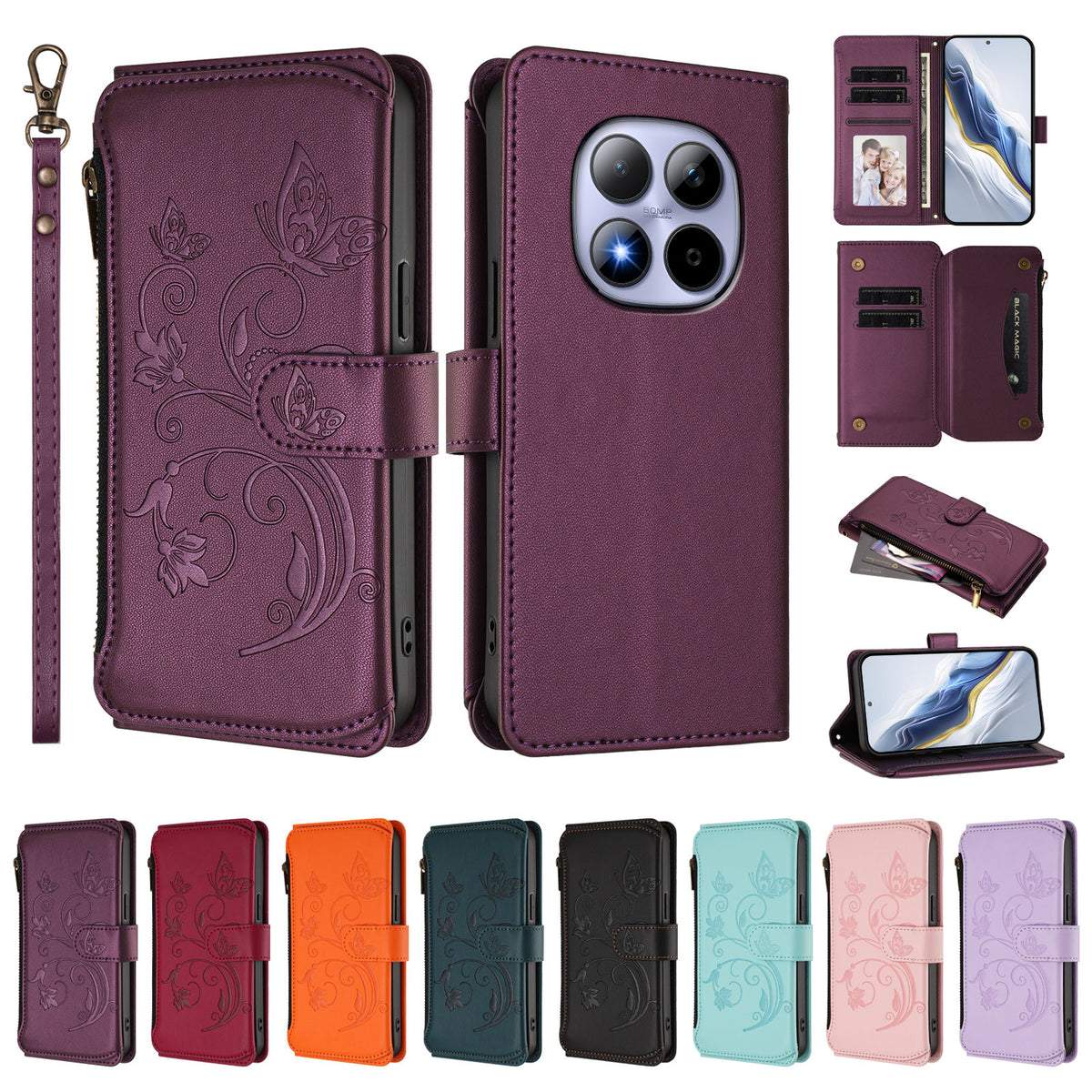 For Xiaomi Redmi Note 15 Pro 5G (Global) Leather Case Butterfly Floral Imprint Zipper Wallet Stand Cover with Wrist Strap