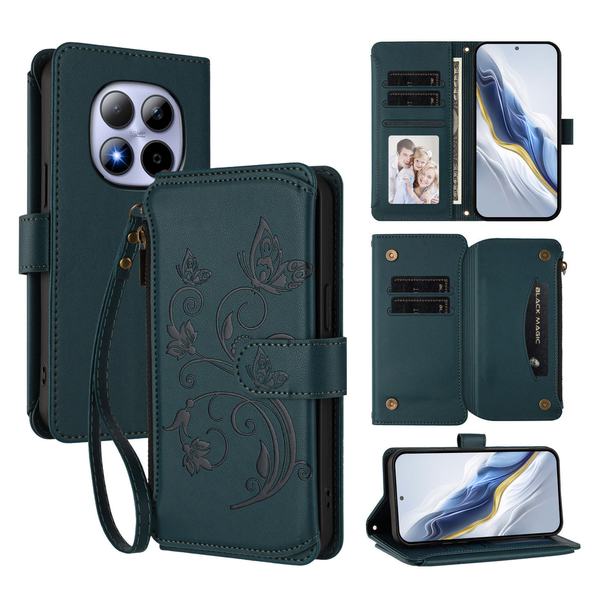 For Xiaomi Redmi Note 15 Pro 5G (Global) Leather Case Butterfly Floral Imprint Zipper Wallet Stand Cover with Wrist Strap