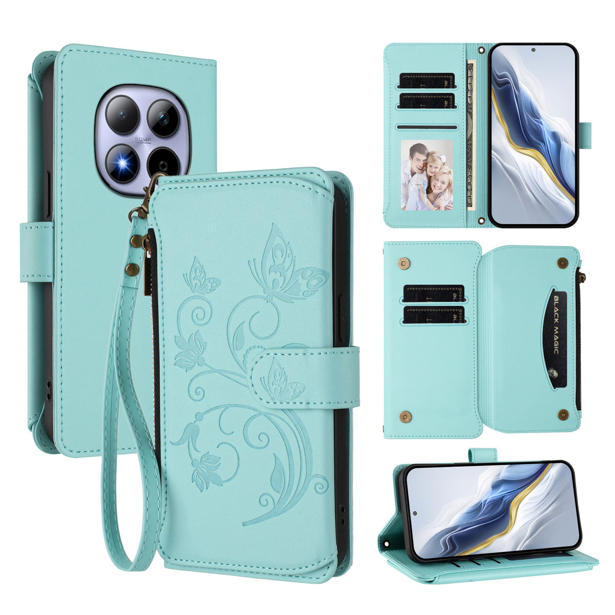 For Xiaomi Redmi Note 15 Pro 5G (Global) Leather Case Butterfly Floral Imprint Zipper Wallet Stand Cover with Wrist Strap