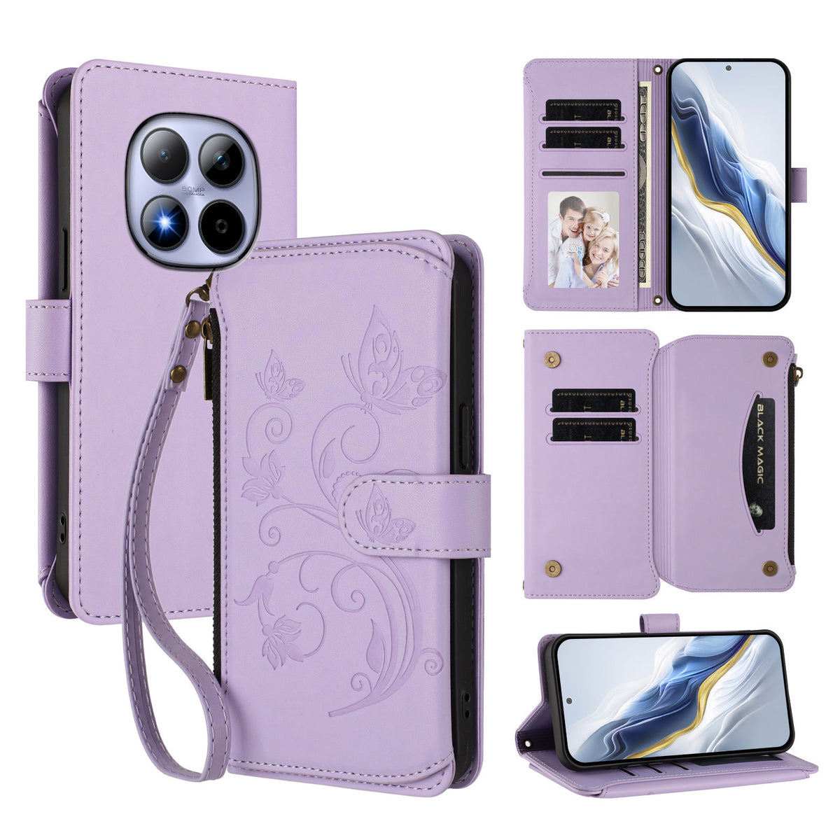 For Xiaomi Redmi Note 15 Pro 5G (Global) Leather Case Butterfly Floral Imprint Zipper Wallet Stand Cover with Wrist Strap