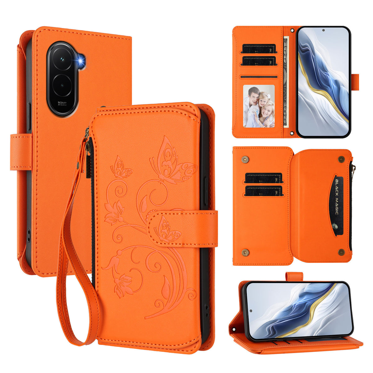 For Xiaomi Poco M7 Plus 5G / M7 4G (169mm) Leather Case Butterfly Floral Imprint Zipper Wallet Stand Cover with Wrist Strap