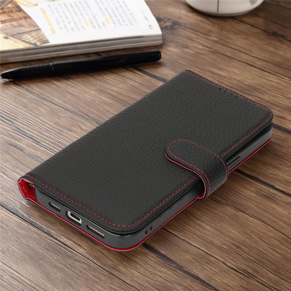 For iPhone 13 mini Stand Case Litchi Texture Genuine Cow Leather Wallet Phone Cover RFID Blocking