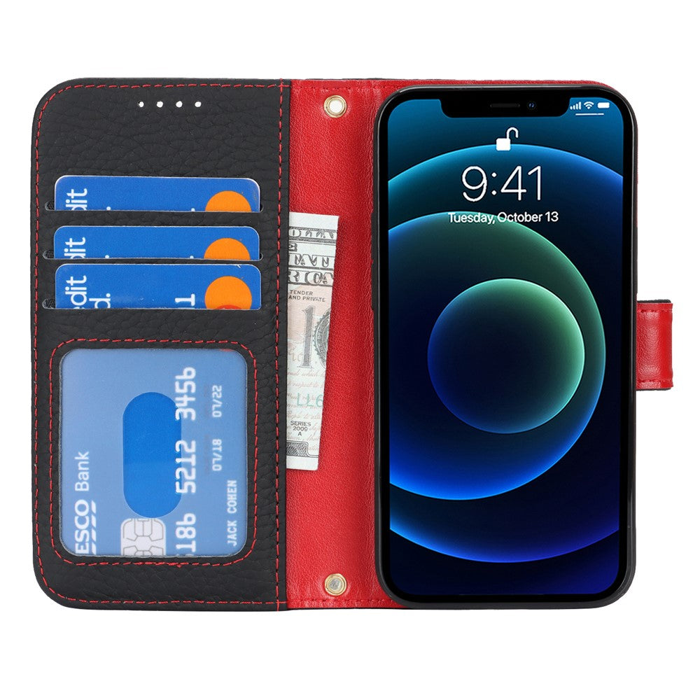For iPhone 13 mini Stand Case Litchi Texture Genuine Cow Leather Wallet Phone Cover RFID Blocking