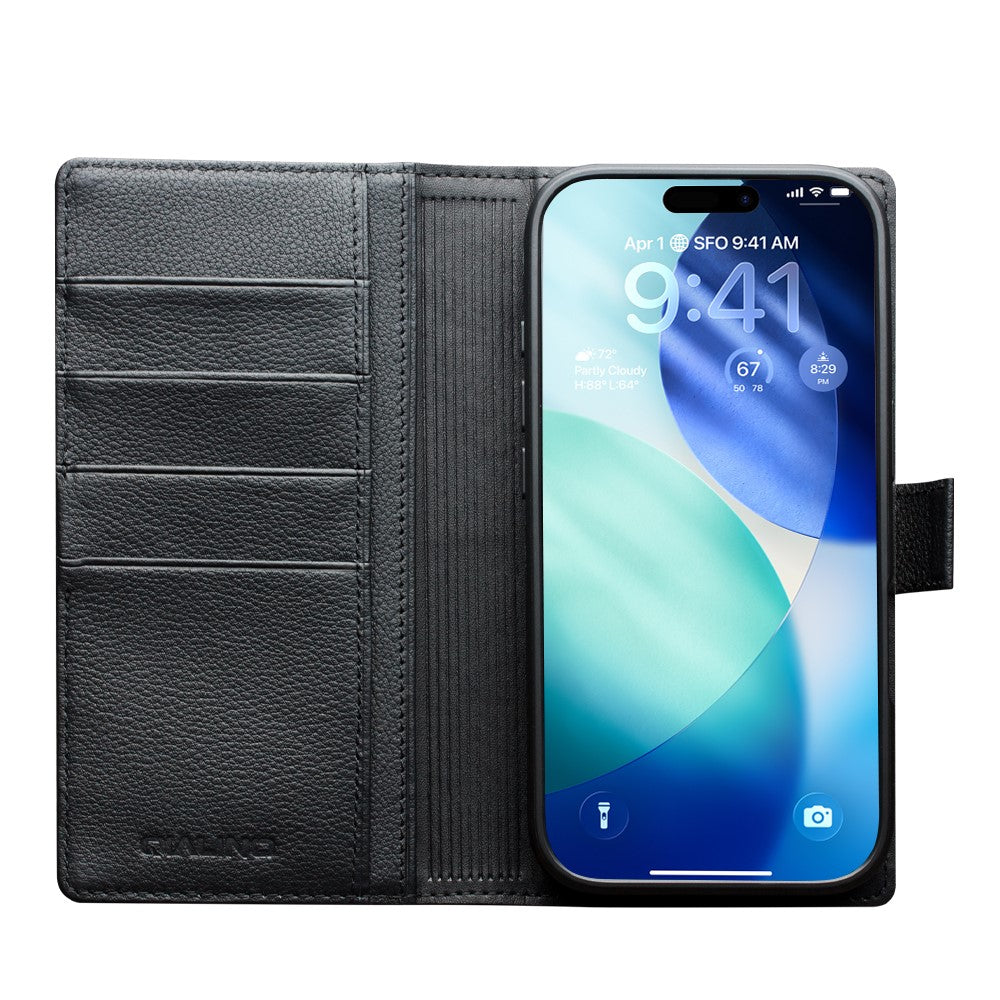 QIALINO til iPhone 17 Pro cover kompatibel med MagSafe aftageligt pungcover i ægte koskind