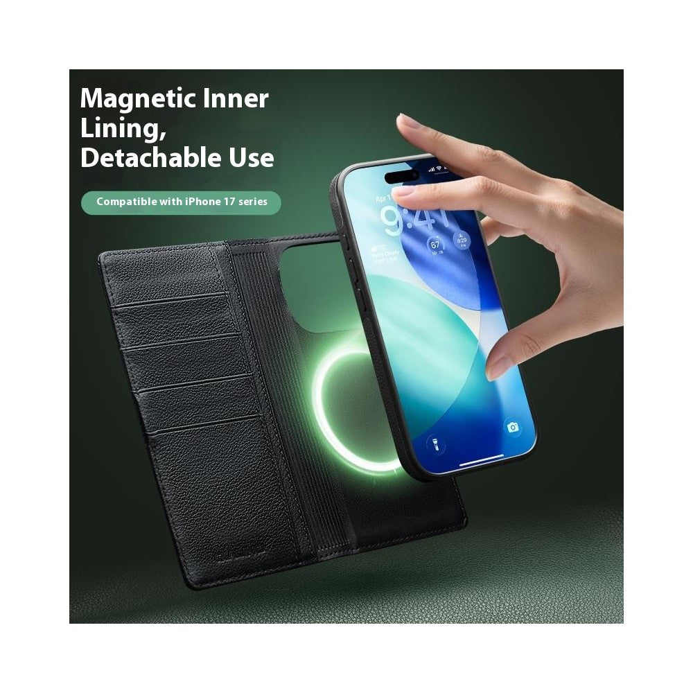 QIALINO til iPhone 17 Pro cover kompatibel med MagSafe aftageligt pungcover i ægte koskind