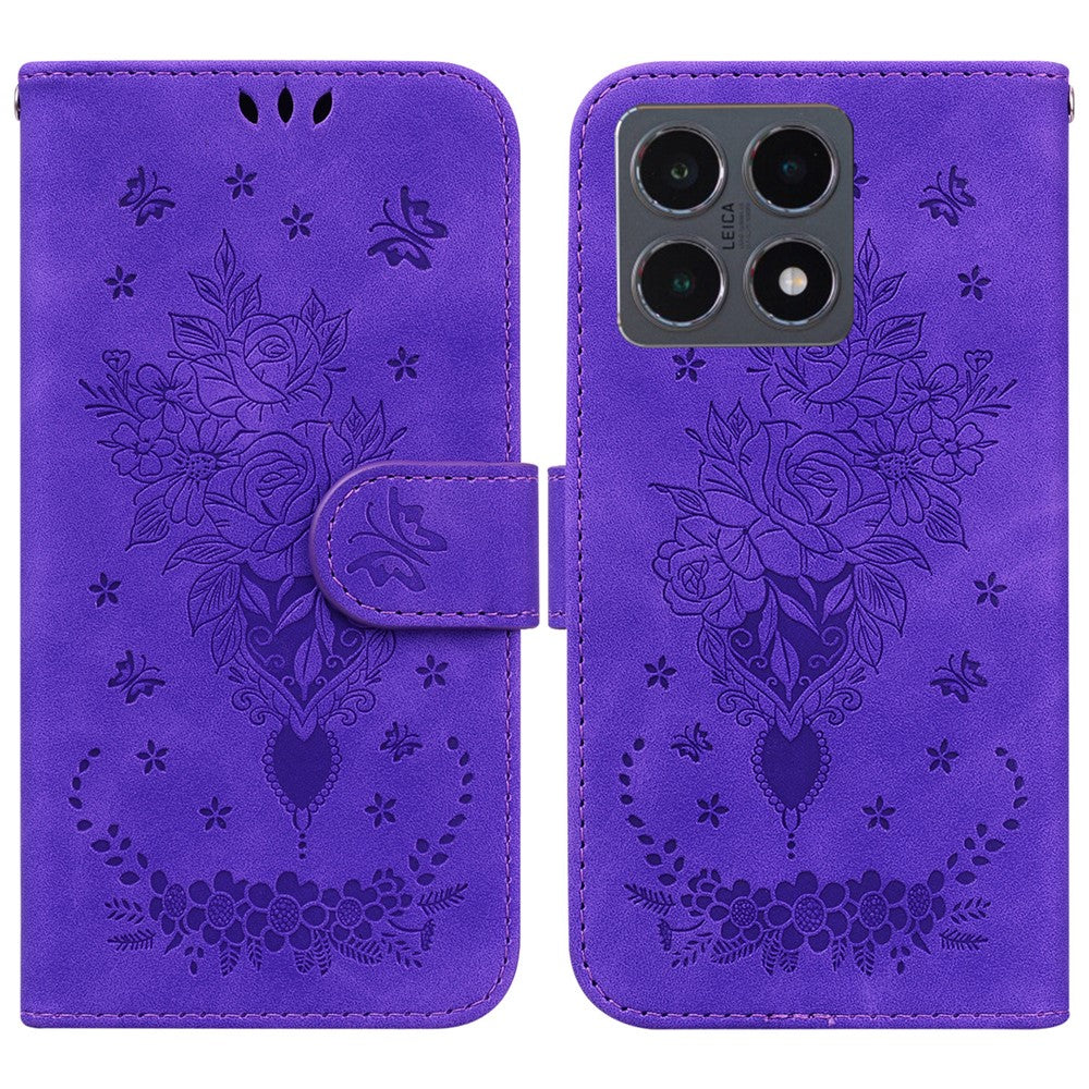 Xiaomi 15T-skal med fjärilsmönster och blommönster i PU-läder, plånboksfodral med rem