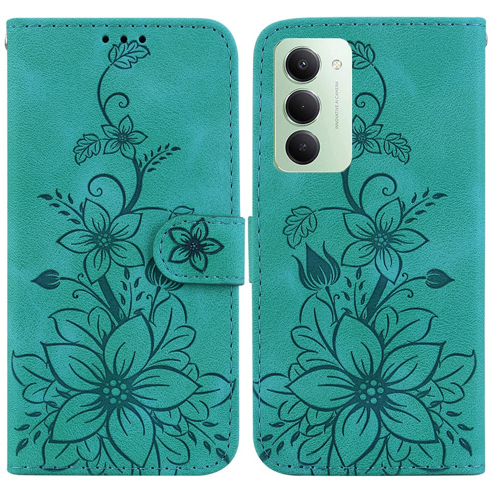 For Xiaomi Redmi 15 4G (EU) (171mm) Stand Case Lily Flower Imprint Leather Phone Cover with Wrist Strap