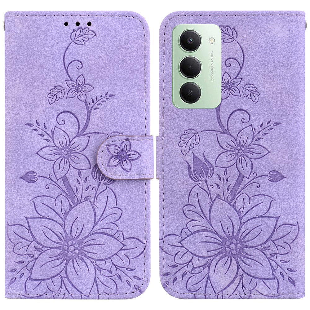 For Xiaomi Redmi 15 4G (EU) (171mm) Stand Case Lily Flower Imprint Leather Phone Cover with Wrist Strap