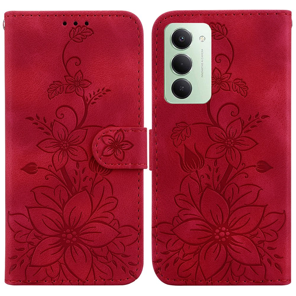 For Xiaomi Redmi 15 4G (EU) (171mm) Stand Case Lily Flower Imprint Leather Phone Cover with Wrist Strap