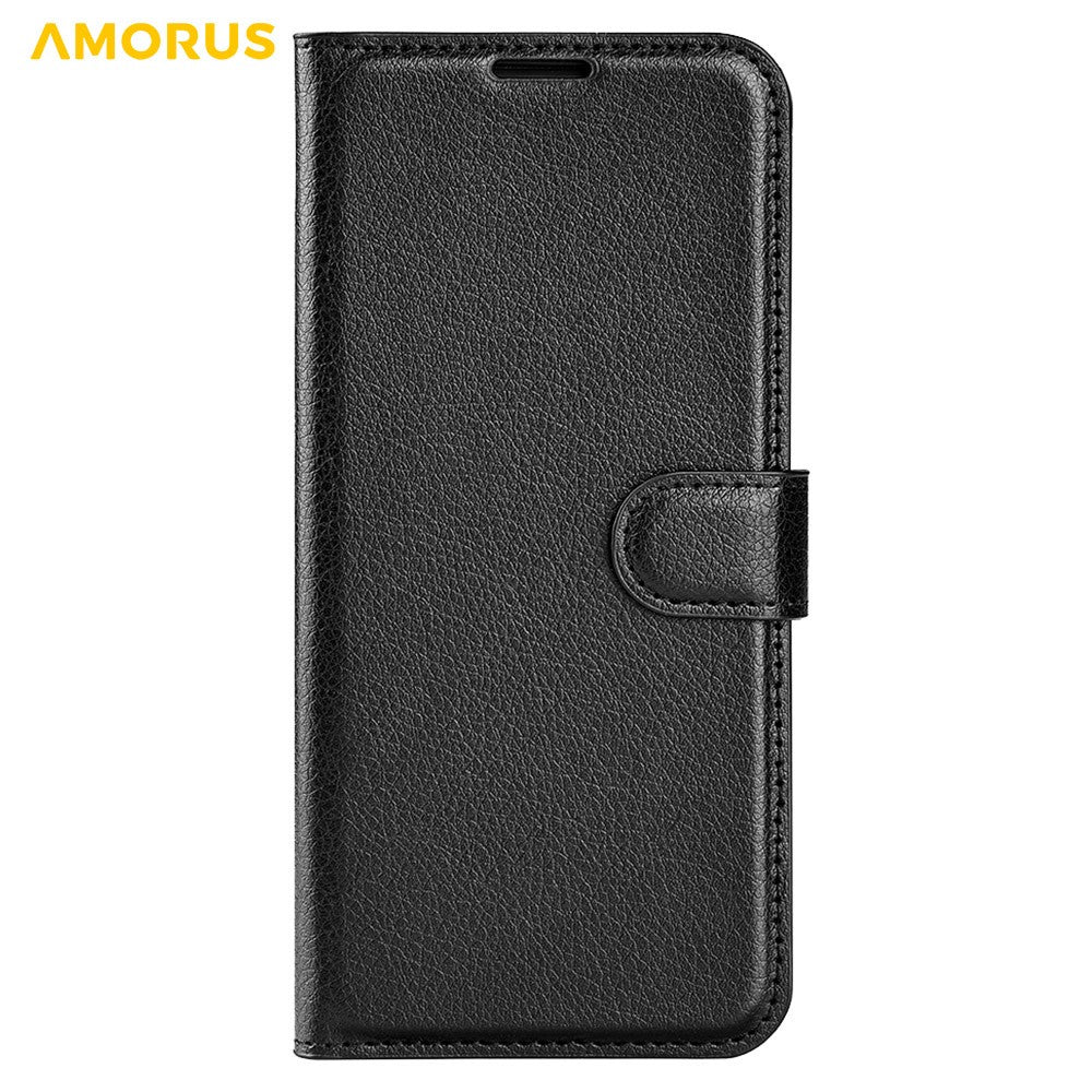 AMORUS For iPhone 15 Wallet Case Litchi Texture Shockproof Leather Flip Stand Phone Cover